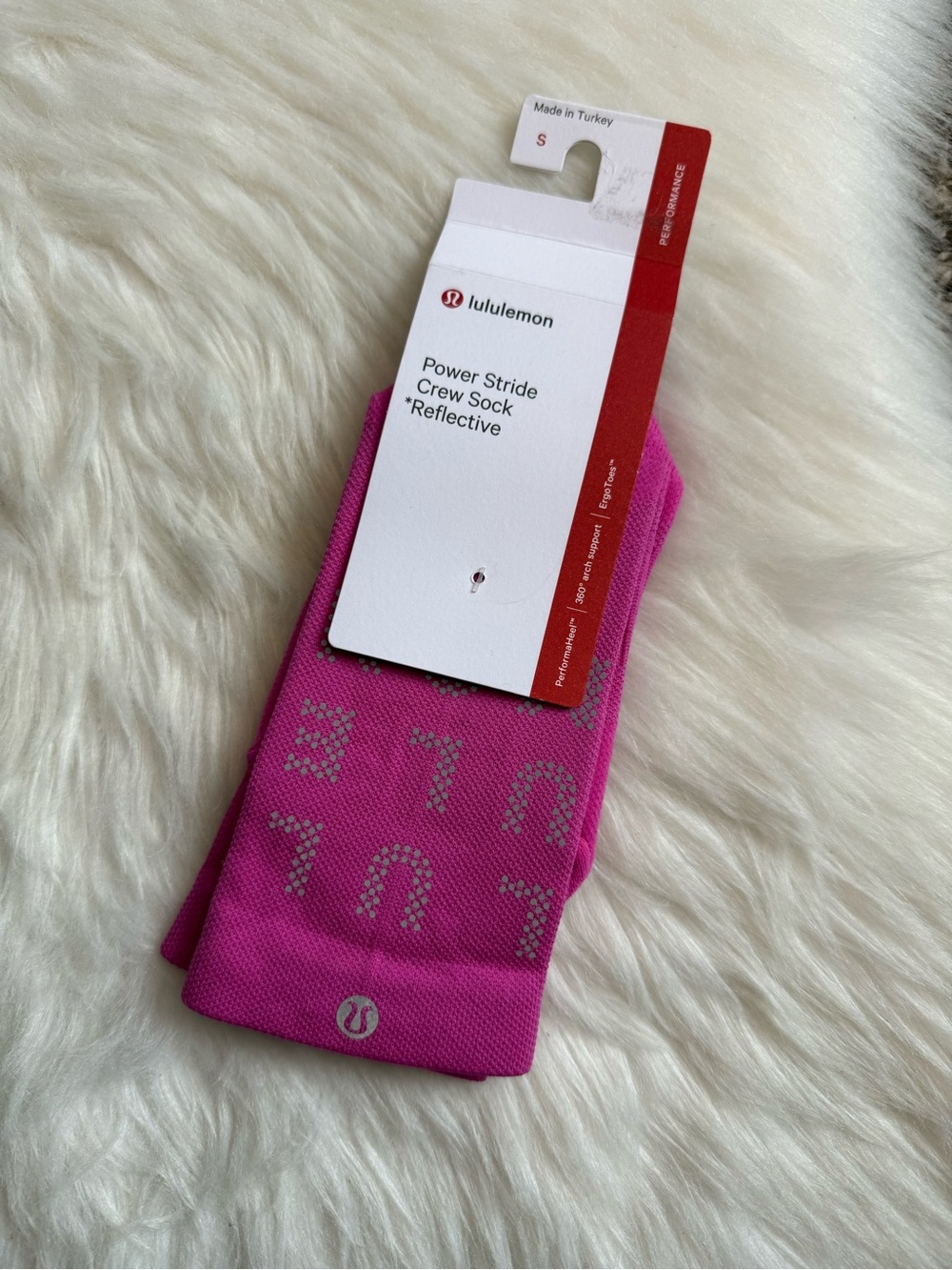 Lululemon Power Stride Crew Sock Reflective Sonic Pink SNCP Size S NWT